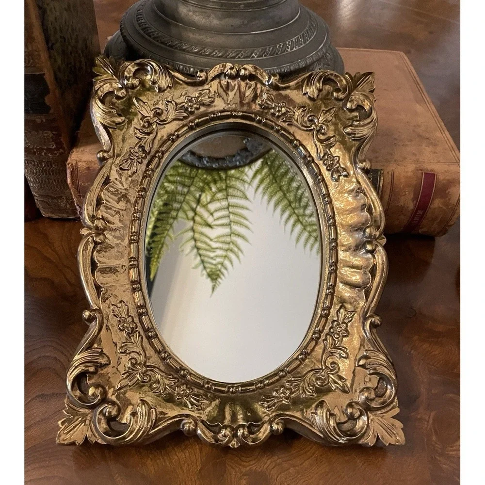 Vtg Ornate Gold Gilt Hollywood Regency  Resin Wall Mirror 6.75x8.75